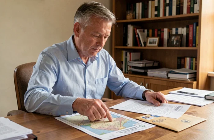 Homme consultant un plan cadastral et une enveloppe postale sur son bureau à domicile pour vérifier une discordance d'adresse
