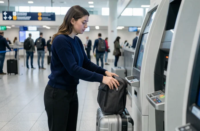 Voyageuse vérifiant les dimensions de son bagage cabine à la borne de l'aéroport Transavia