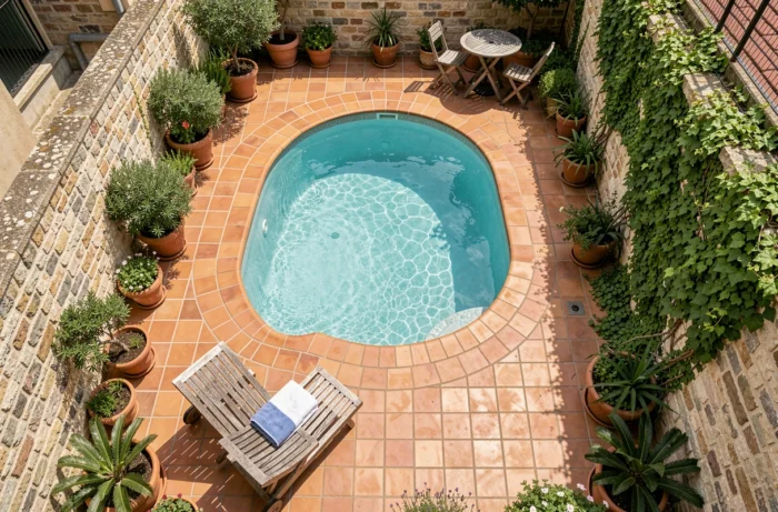 Vue aérienne d'une piscine de forme libre compacte dans un jardin urbain, montrant l'optimisation des dimensions selon l'espace disponible