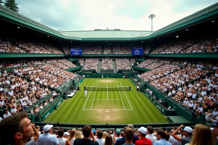 Vue aérienne panoramique d'un stade de tennis emblématique rempli de spectateurs lors d'une finale de grand tournoi international
